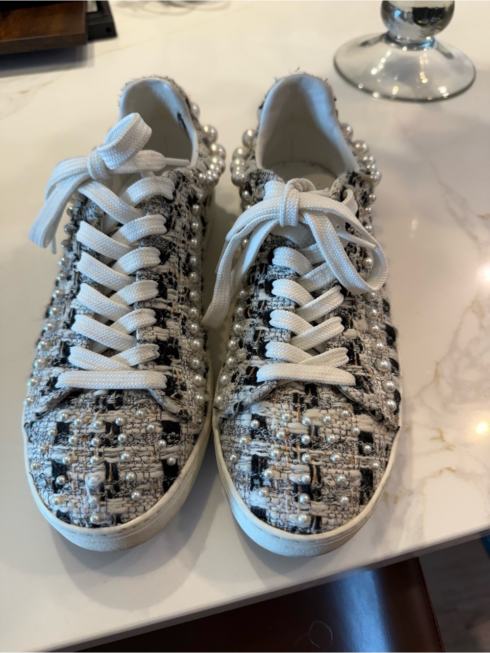 Stuart Weitzman Ollie tweed Pearl-Embellished Black & White Sneakers